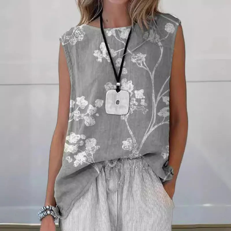 Rundhalsad ärmlös topp med blommönster för kvinnor