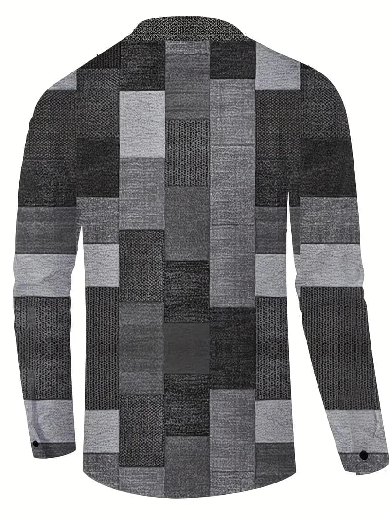 Herrskjorta - Regular Fit - Långärmad Patchworkdesign - V-ringning Casual