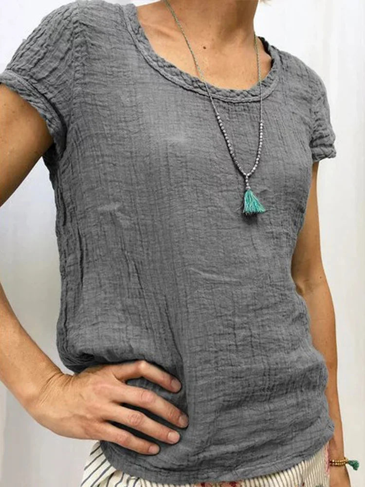 Dam T-shirt – Avslappnad Passform – Skrynklig Textur – Kort Ärm – Andningsbart Tyg