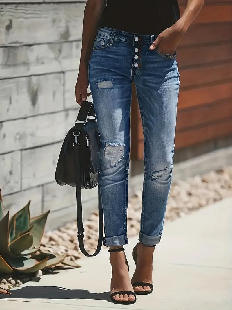 Damjeans - Slim Fit Denim - Knappgylf - Croppad Längd - Trendig Used-Look