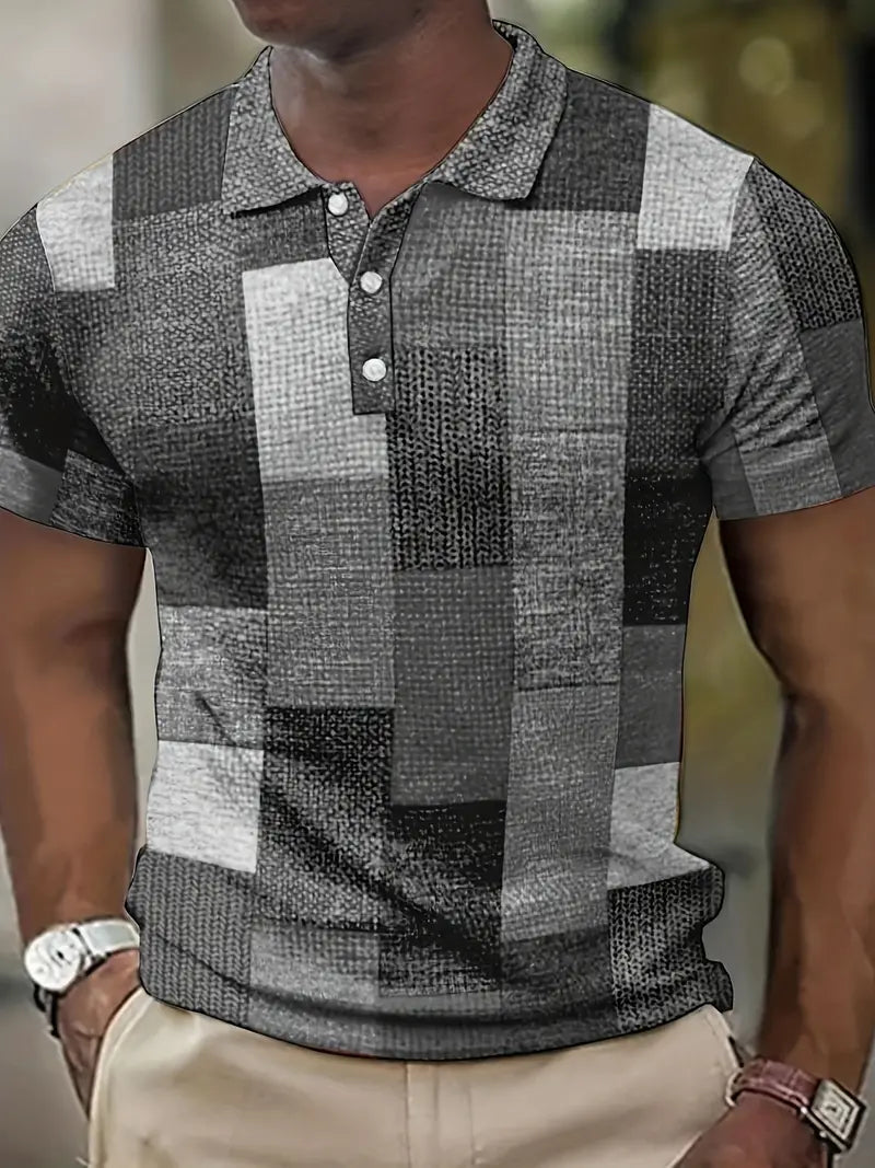 Herr Pikétröja - Patchworkdesign - Vävd Textur - Knappslå - Slim Fit