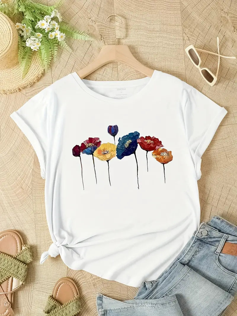 Dam T-shirt – Avslappnad Passform – Andningsbar Mix – Blommigt Tryck – Kort Ärm