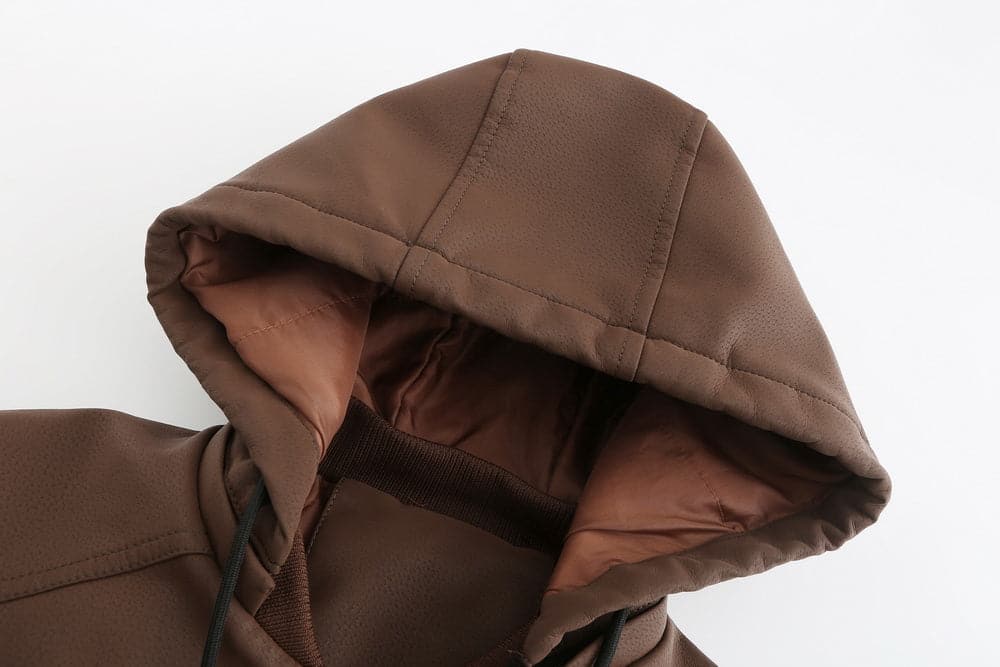 Herrjacka i läder - Huva med dragsko - Quiltad insida - Ribbad mudd - Ledig stil