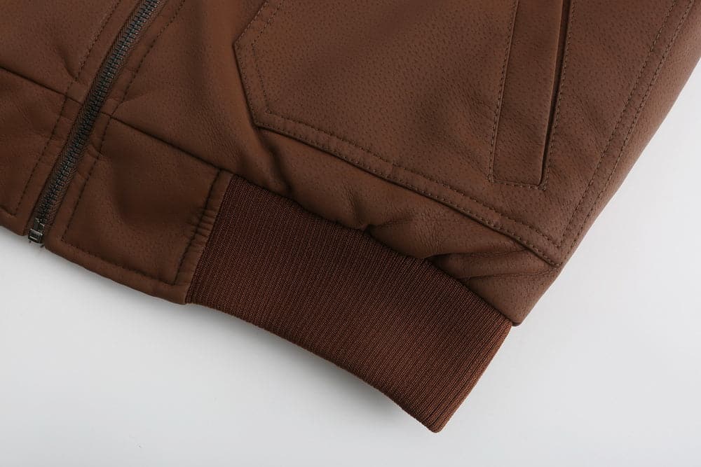 Herrjacka i läder - Huva med dragsko - Quiltad insida - Ribbad mudd - Ledig stil