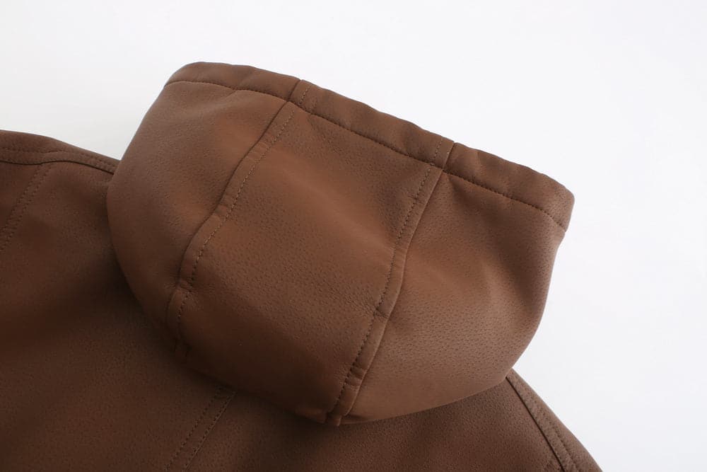 Herrjacka i läder - Huva med dragsko - Quiltad insida - Ribbad mudd - Ledig stil