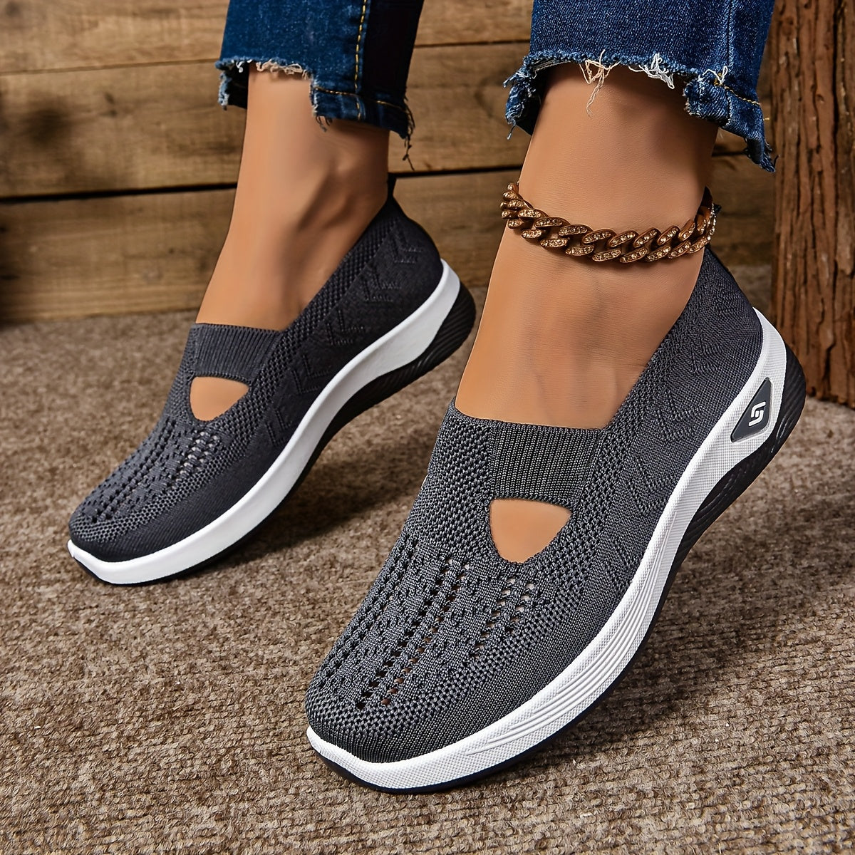 Dam sneakers slip-on – låg modell – andningsbar stickad ovandel – dämpad sula