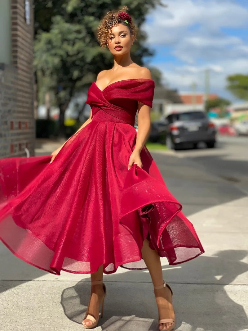 Dam Klänning - Off-Shoulder - Figursydd Liv - Vid Kjol - Tealängd Elegant Look