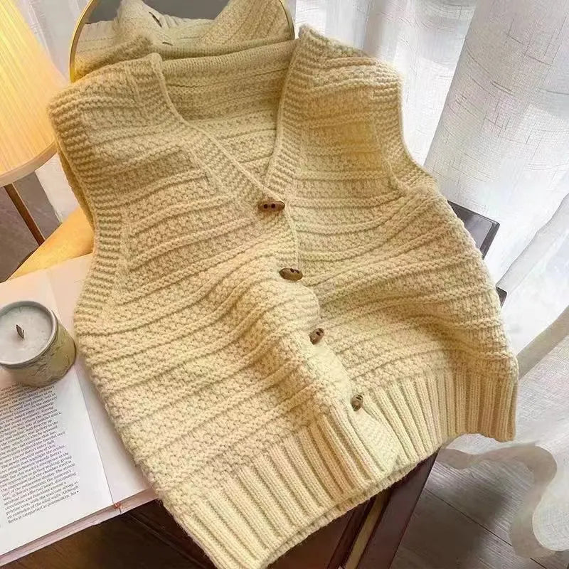 Stickad väst för kvinnor - Knappar framtill - Avslappnad lager-på-lager-modell - Ärmlös design