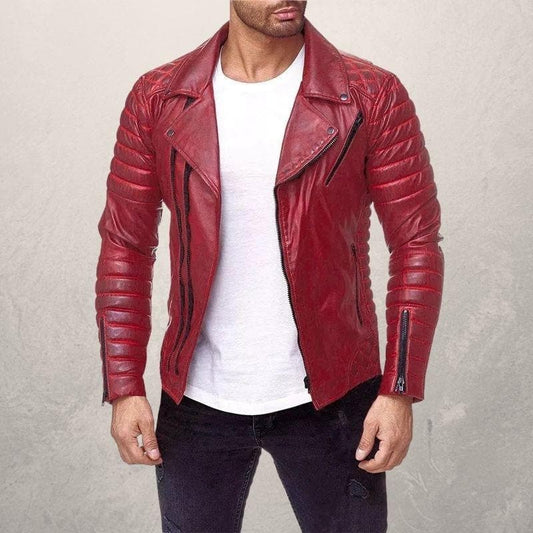 Herr Bikerjacka – Äkta Läder – Asymmetrisk Dragkedja – Quiltade Detaljer – Slim Fit