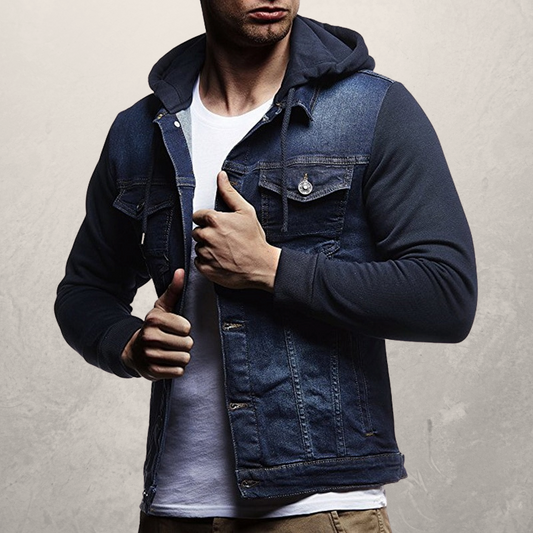 Herr Jeansjacka – Slim Fit – Stickad Huva och Ärmar – Knäppning Framtill