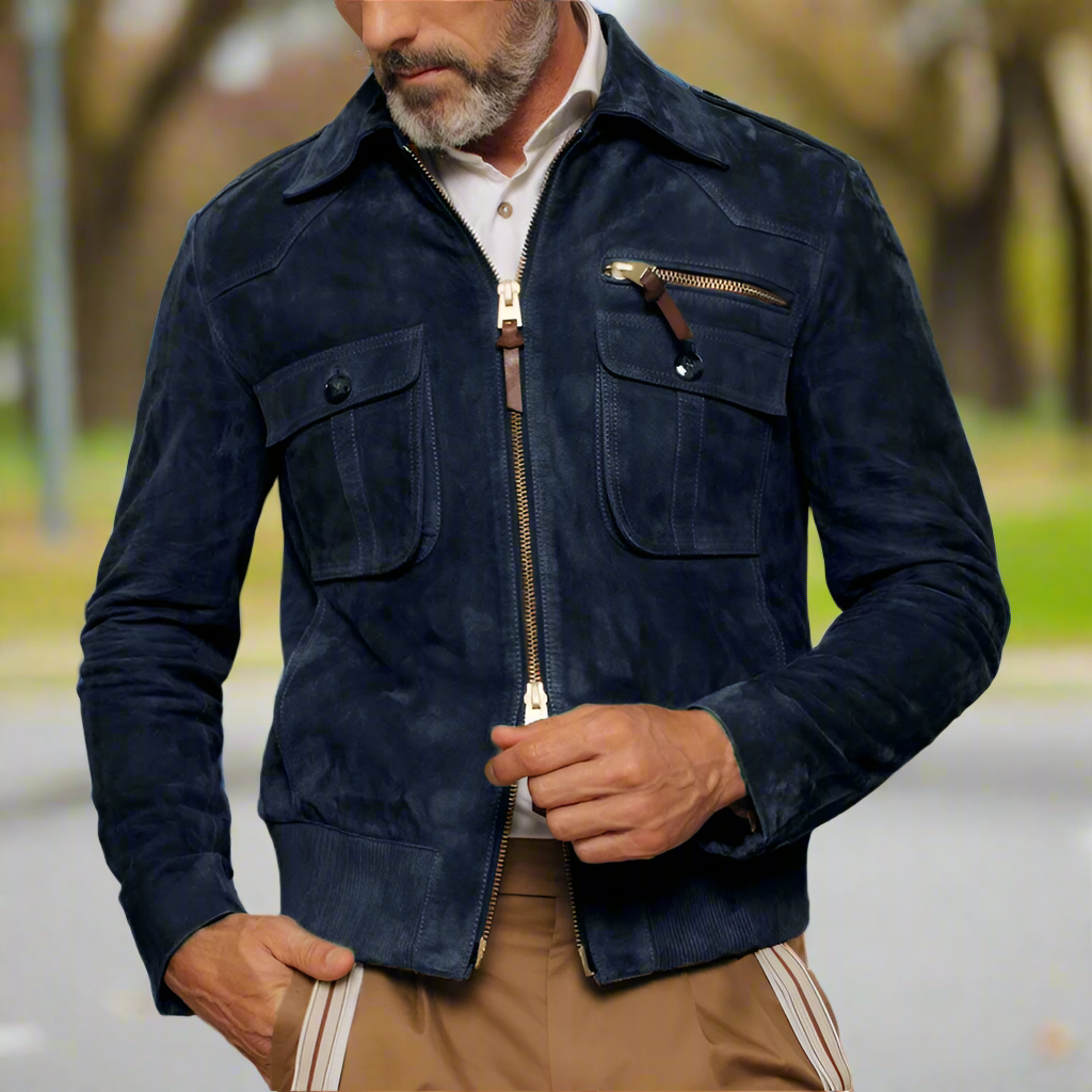 Herr Jacka - Äkta Semsket Skinn - Slim Fit - Dragkedja & Bröstfickor