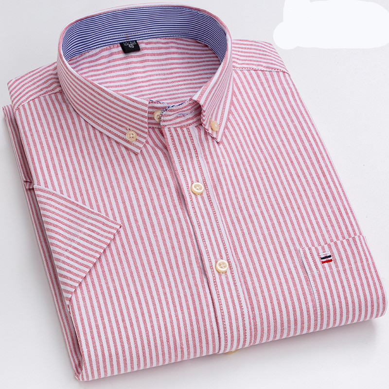 Herr Skjorta - Klassisk Rutig Design - Bomull - Button-Down Krage - Kortärmad