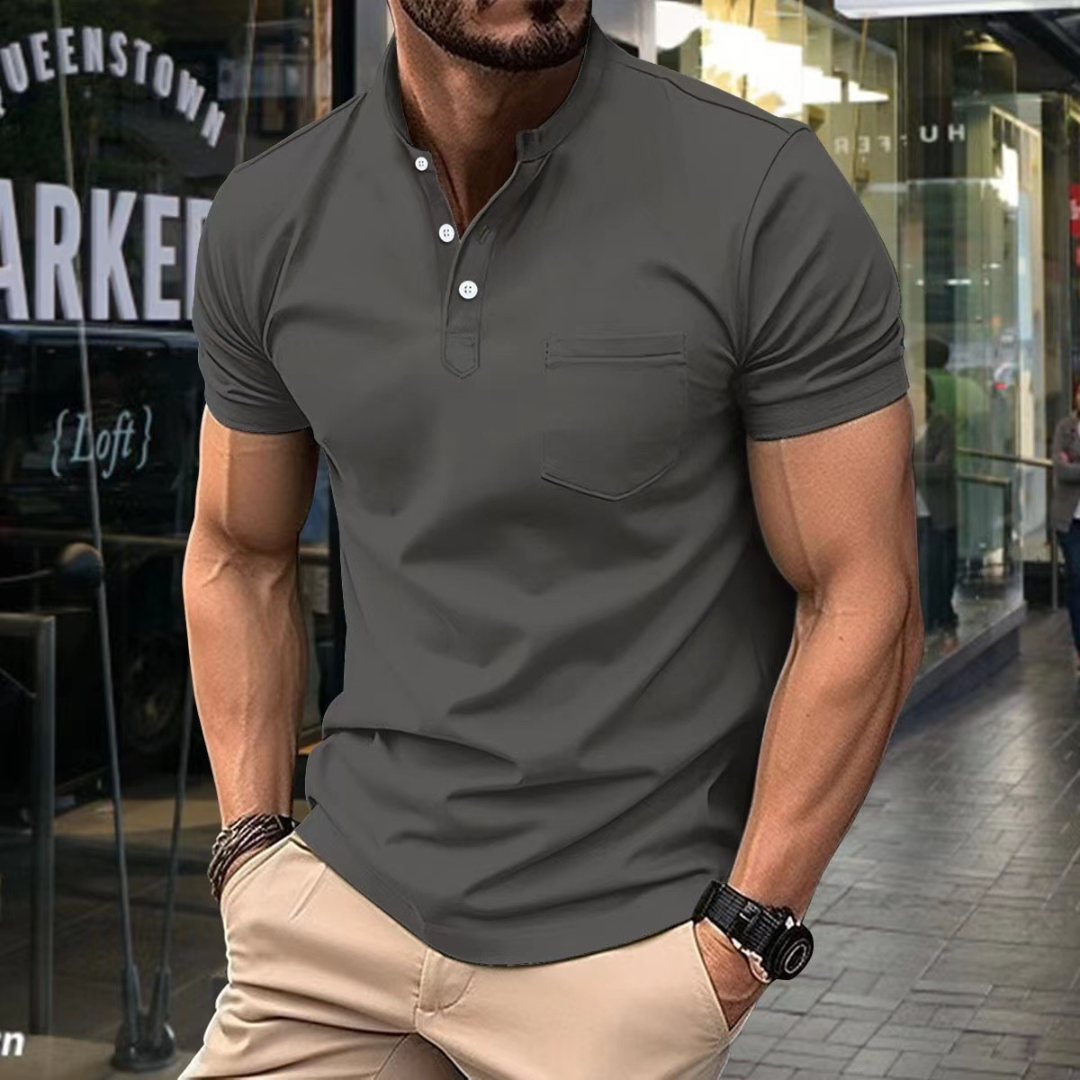 Herrpikétröja – Slim Fit – Mjukstickad – Halvkrage – Kort Ärm – Bröstficka