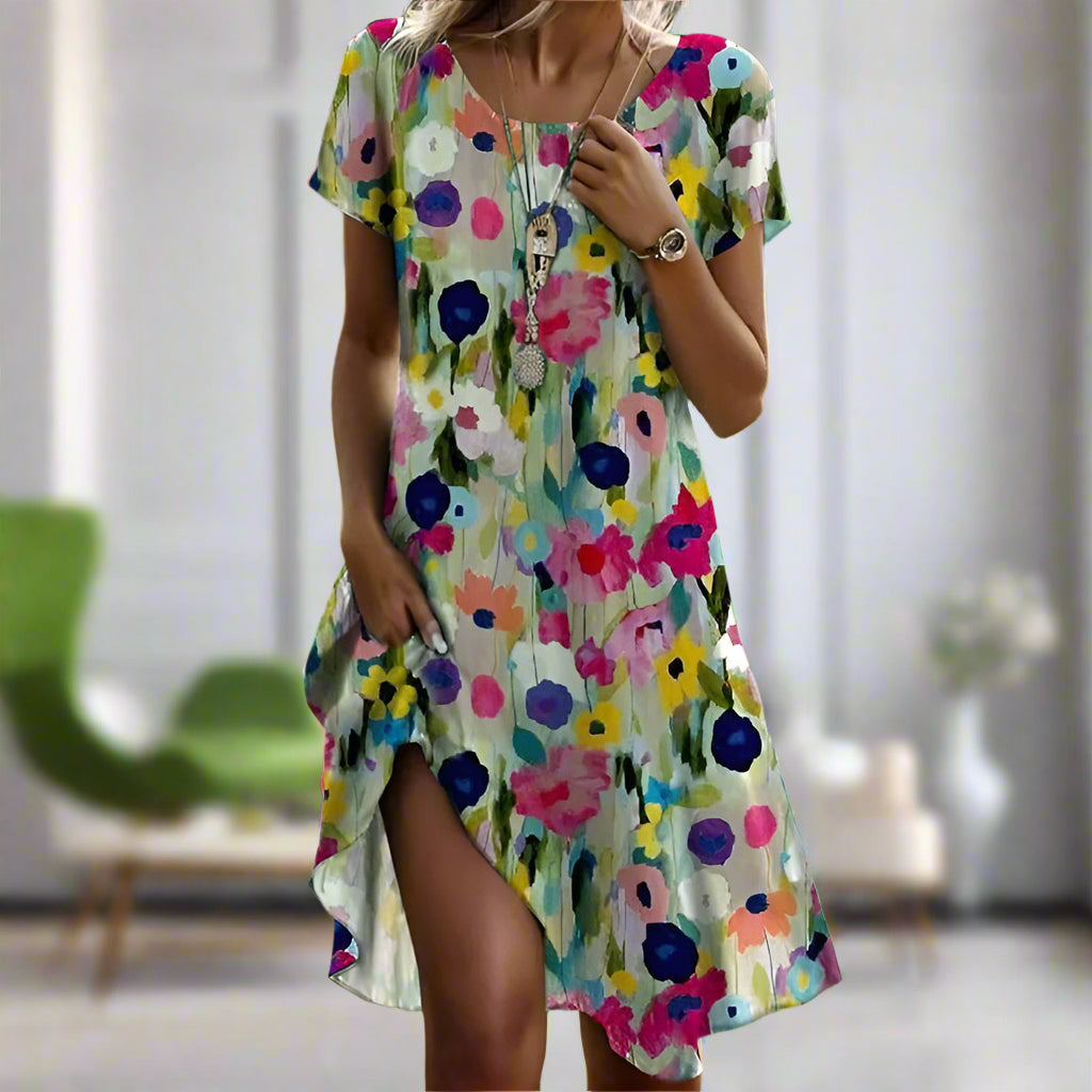 Damklänning - Blommig A-linje - Kortärmad - Rund hals - Ledig passform