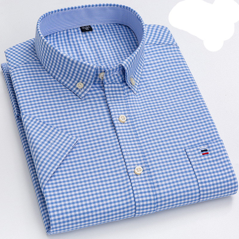 Herr Skjorta - Klassisk Rutig Design - Bomull - Button-Down Krage - Kortärmad
