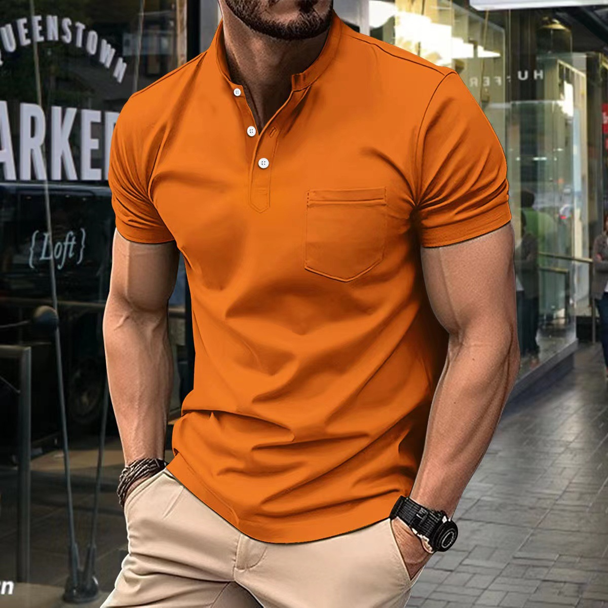 Herrpikétröja – Slim Fit – Mjukstickad – Halvkrage – Kort Ärm – Bröstficka
