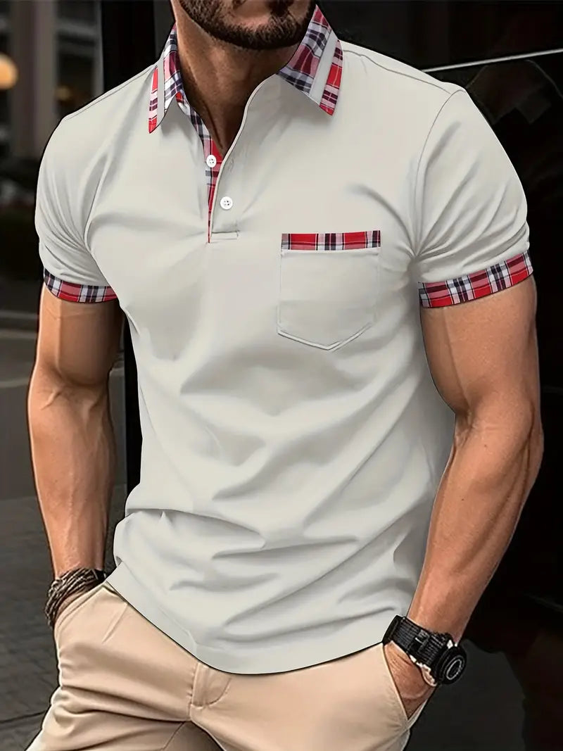 Herr Pikétröja - Kort Ärm - Slim Fit - Rutiga Detaljer - Andningsbar Casualstil