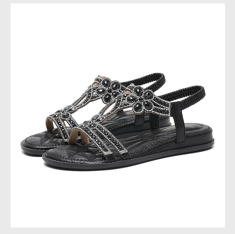 Dam Sandaler – Platt Sula – Öppen Tå – Strassdekor – Elastisk Slingback