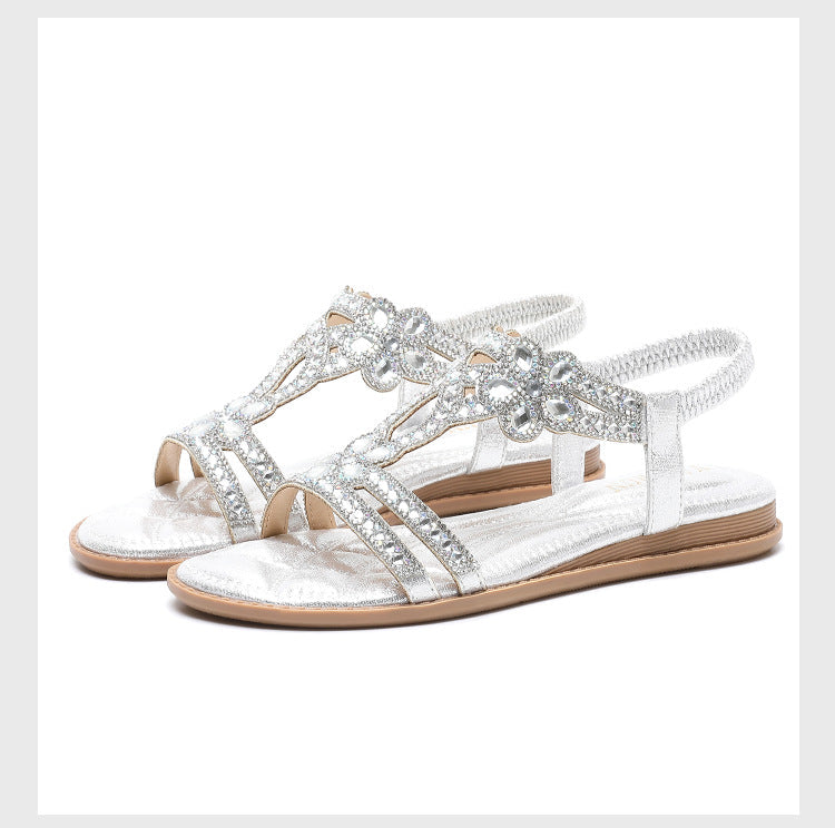 Dam Sandaler – Platt Sula – Öppen Tå – Strassdekor – Elastisk Slingback