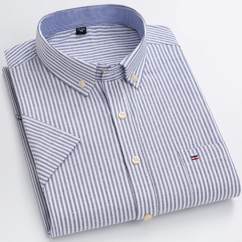 Herr Skjorta - Klassisk Rutig Design - Bomull - Button-Down Krage - Kortärmad