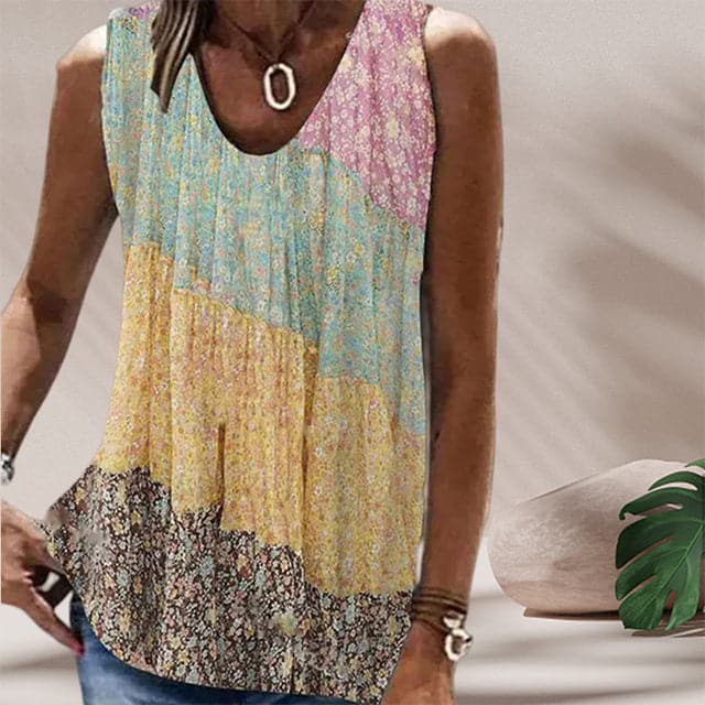 Damtopp – Ärmlös Lös Passform – Rund Halsringning – Bohemisk Mönstrad Design