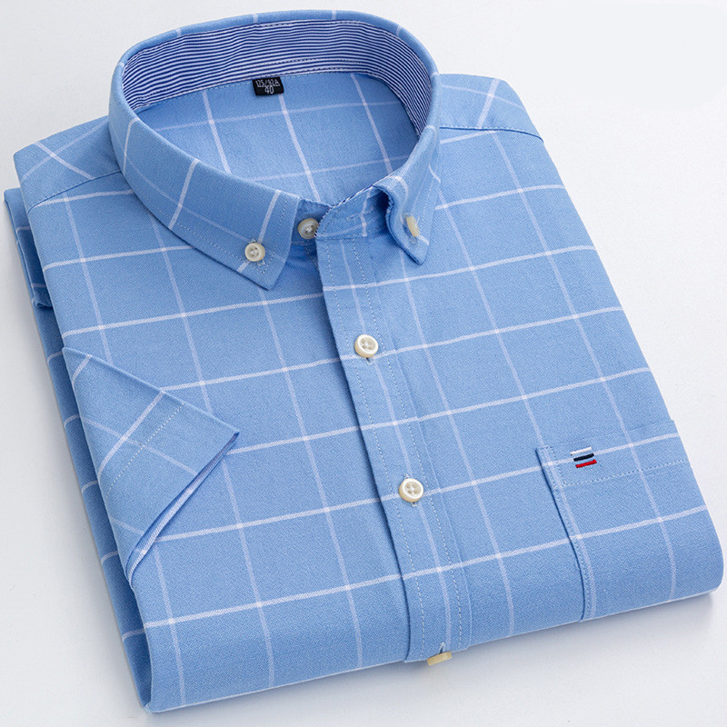 Herr Skjorta - Klassisk Rutig Design - Bomull - Button-Down Krage - Kortärmad