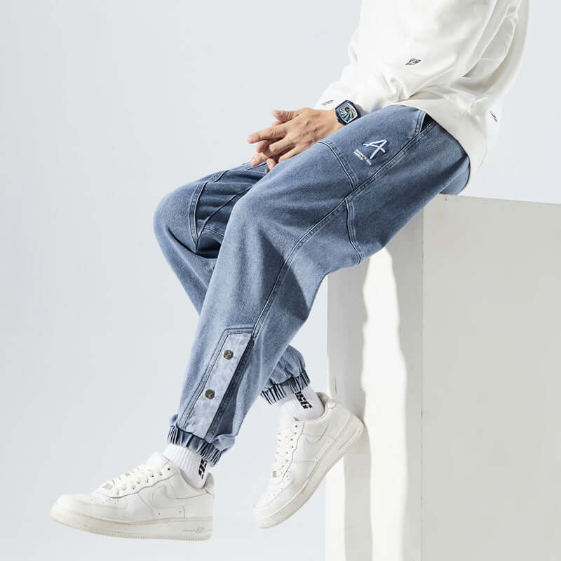 Herr Joggerbyxor – Avslappnad Passform – Denim – Dragsko i Midjan – Elastiska Muddar