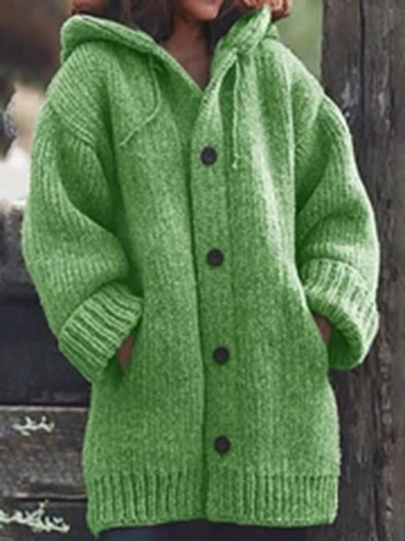 Damstickad kappa – Chunky stickad – Oversize passform – Huva och stora knappar