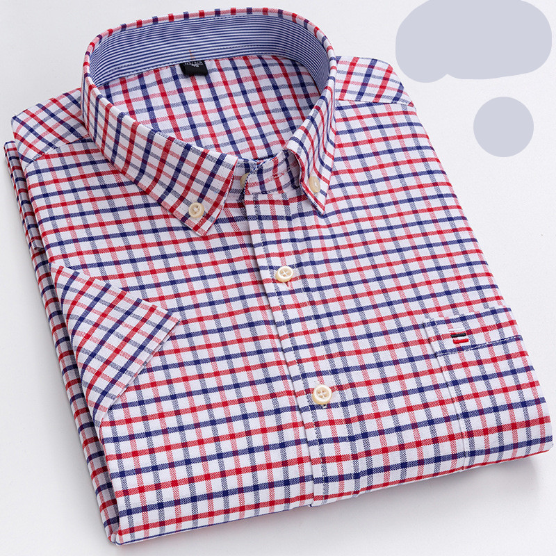 Herr Skjorta - Klassisk Rutig Design - Bomull - Button-Down Krage - Kortärmad