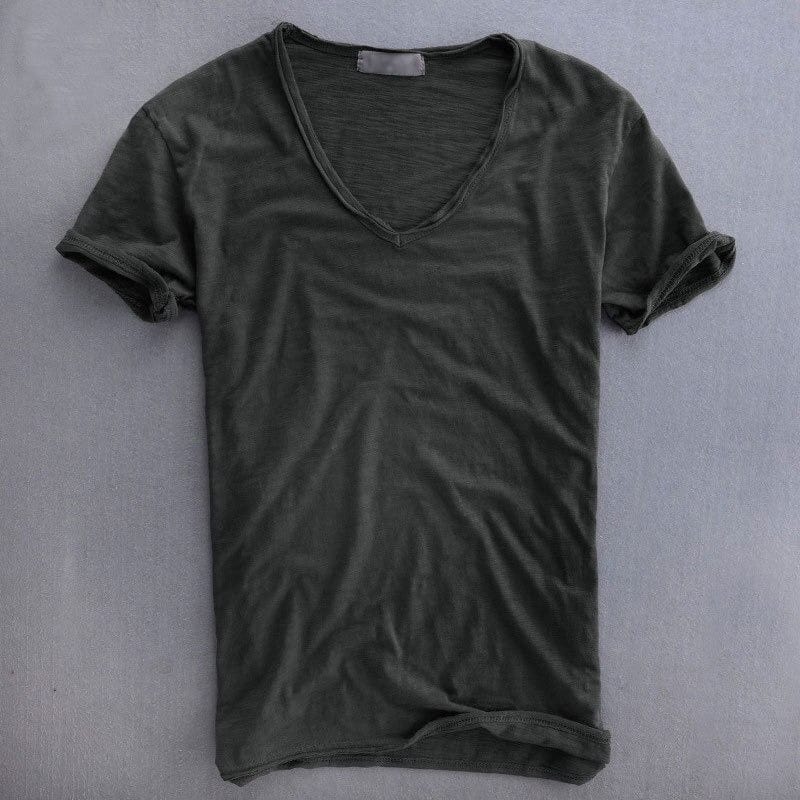 Herr T-shirt – V-ringning – Mjukstickad – Normal passform – Kort ärm – Naturliga fibrer