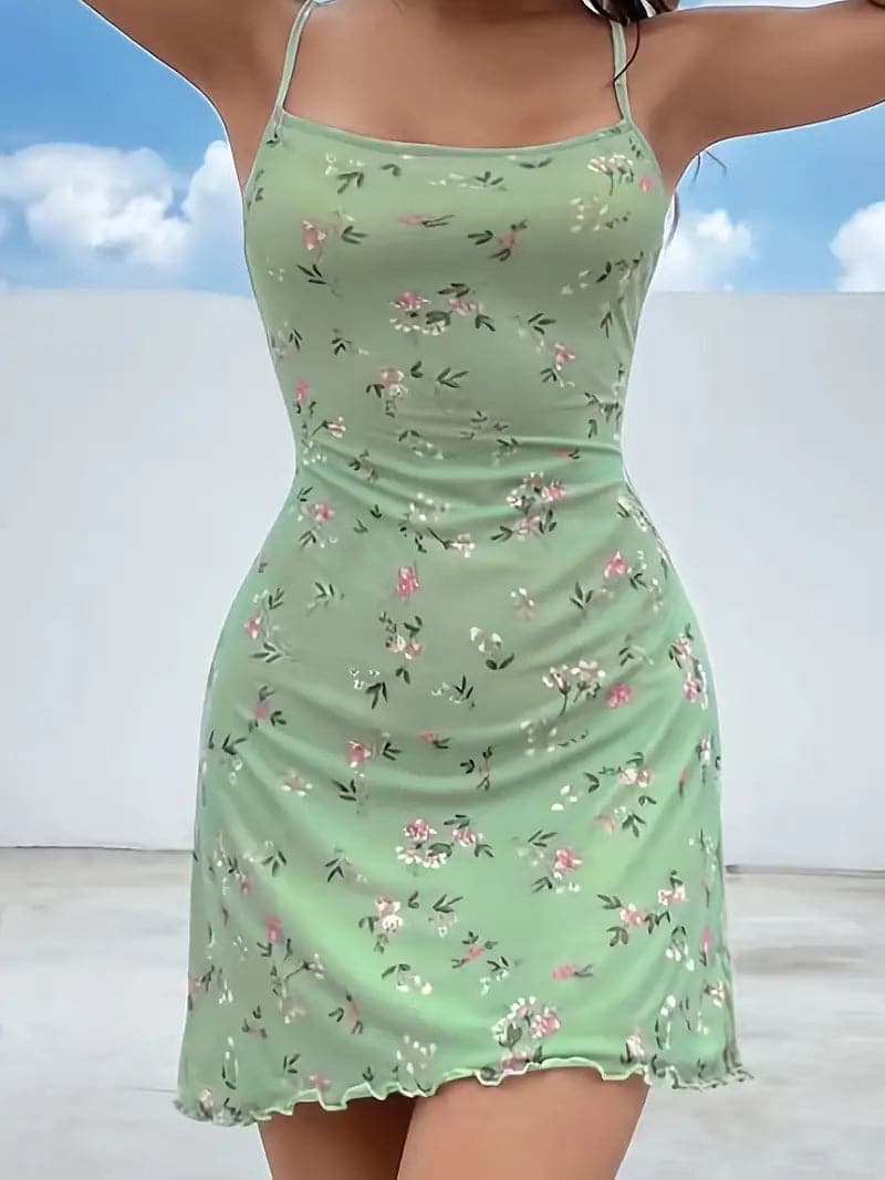 Dam Klänning - Figurnära Bodycon - Spagettiband - Blommigt Mönster - Volangdetalj