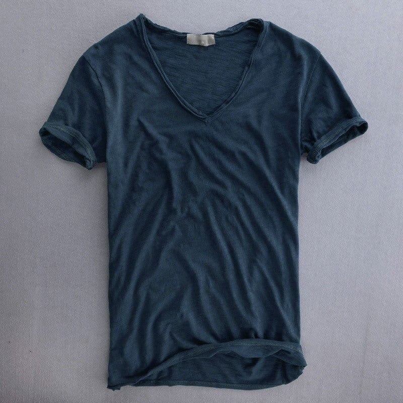 Herr T-shirt – V-ringning – Mjukstickad – Normal passform – Kort ärm – Naturliga fibrer
