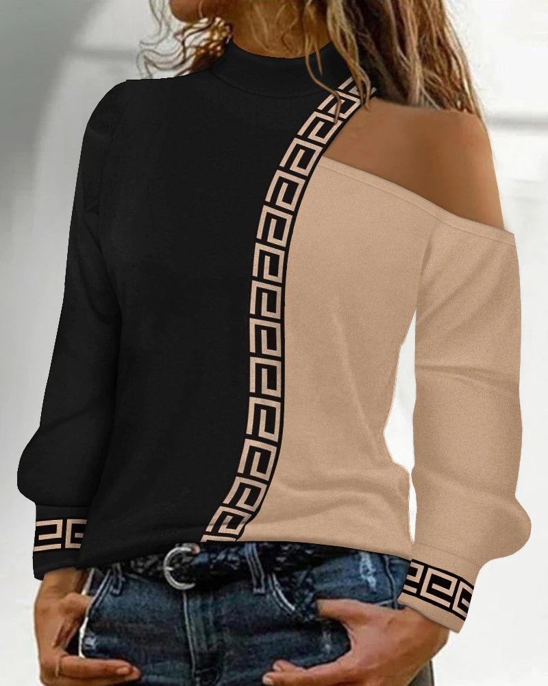 Dam Topp - Asymmetrisk Design - Långärmad med Geometriskt Mönster - Hög Krage