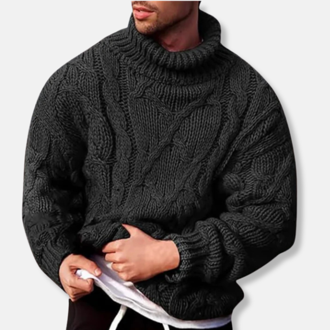 Herrtröja – Oversize Passform – Grov Cable Knit – Polokrage – Lång Ärmar