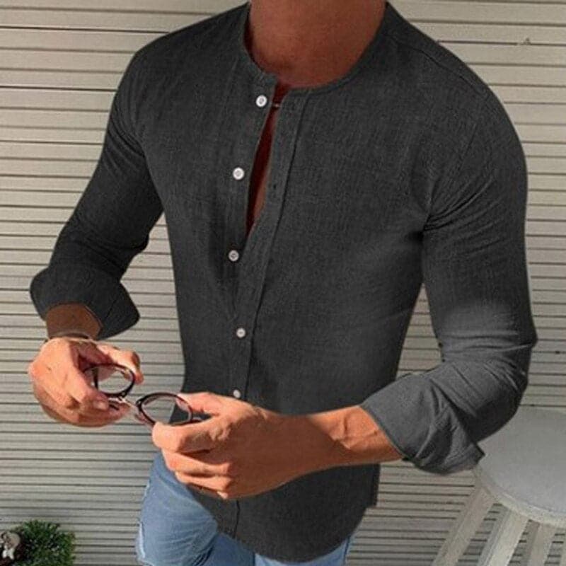 Herrskjorta - Slim Fit - Kraglös Design - Långärmad - Andningsbart Tyg