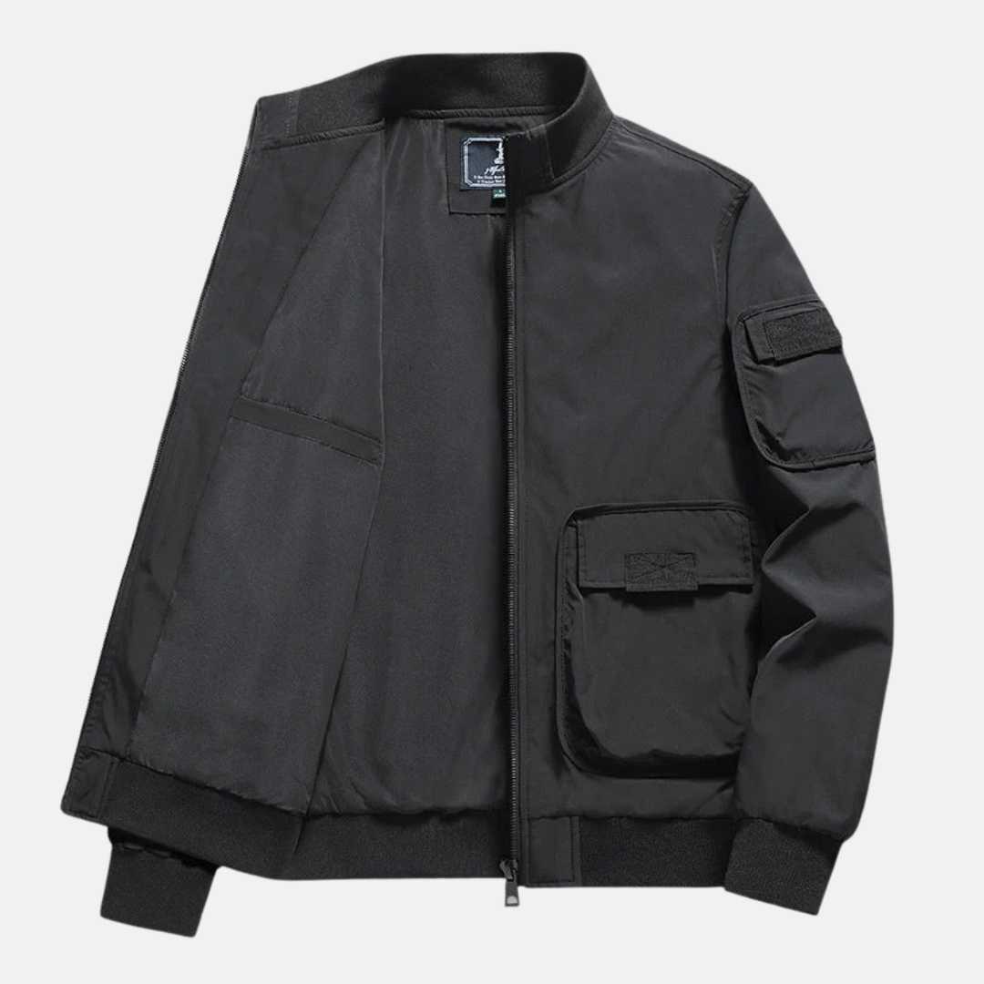 Herr Bomberjacka – Avslappnad Passform – Ribbad Krage och Muddar – Flera Fickor