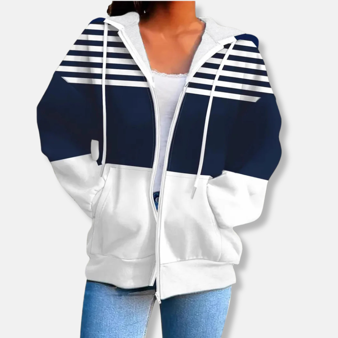 Damjacka med Huva – Oversized Passform – Randigt Mönster – Dragkedja – Fickor