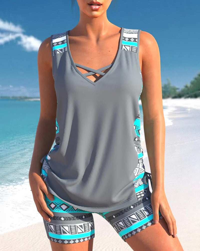 Dam Tankini- V-hals - Lös Passform - Kryssband - Snabbtorkande Strandmode