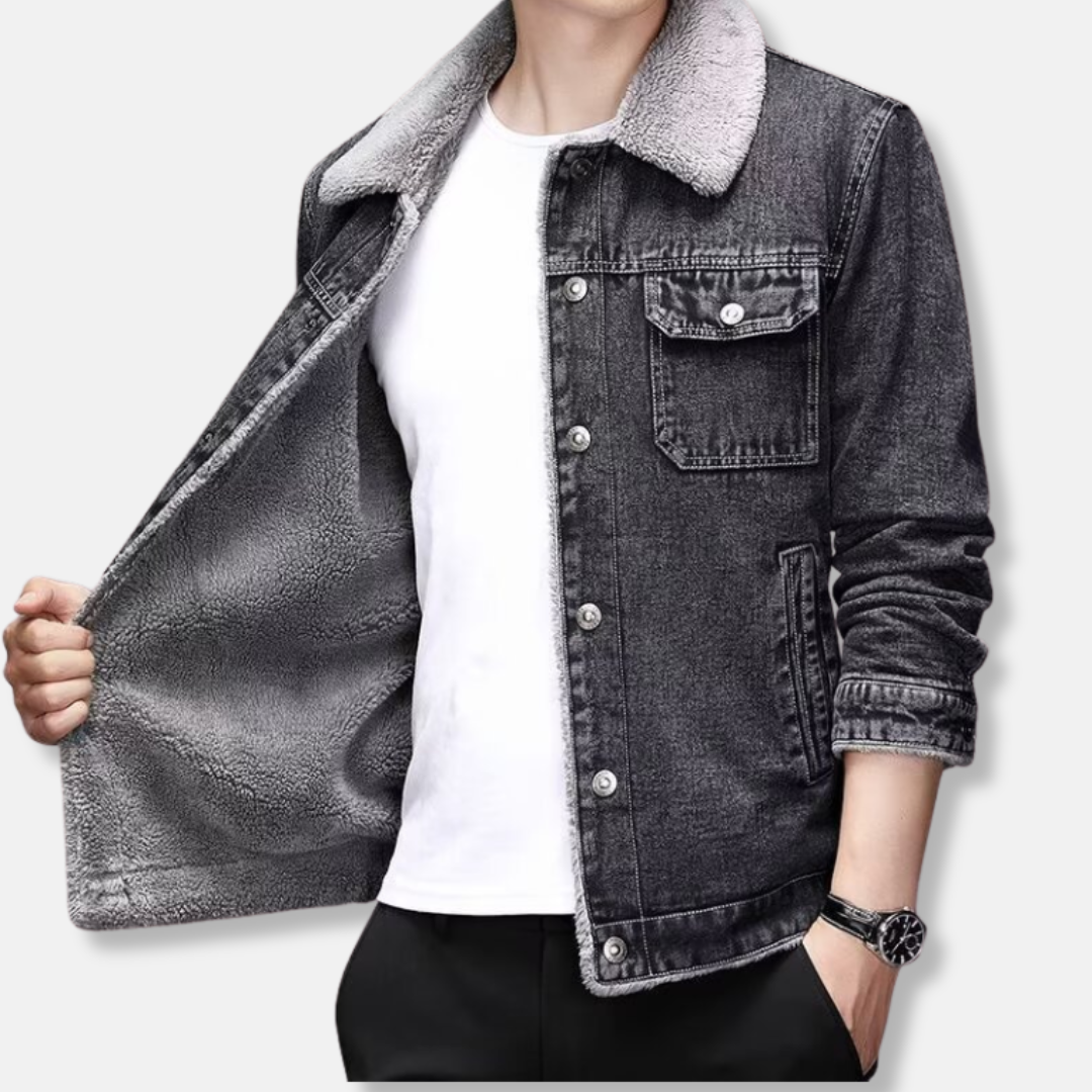 Herr Jeansjacka - Denim - Slim Fit - Punktkrage - Fleecefodrad