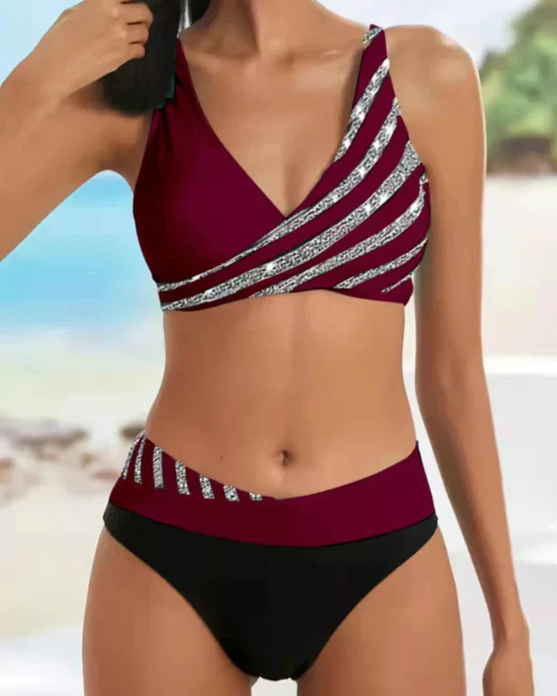 Dam Bikini Set – Hög Midja – Omlottopp – Andningsbart Stretchtyg – Randigt Mönster
