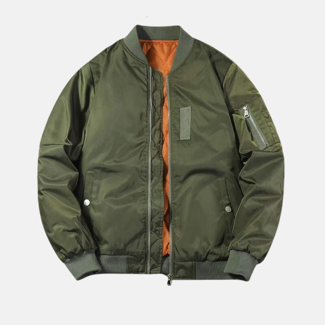 Herr Bomberjacka – Avslappnad Passform – Vadderat Foder – Ribbad Krage och Muddar – Ärmficka med Dragkedja