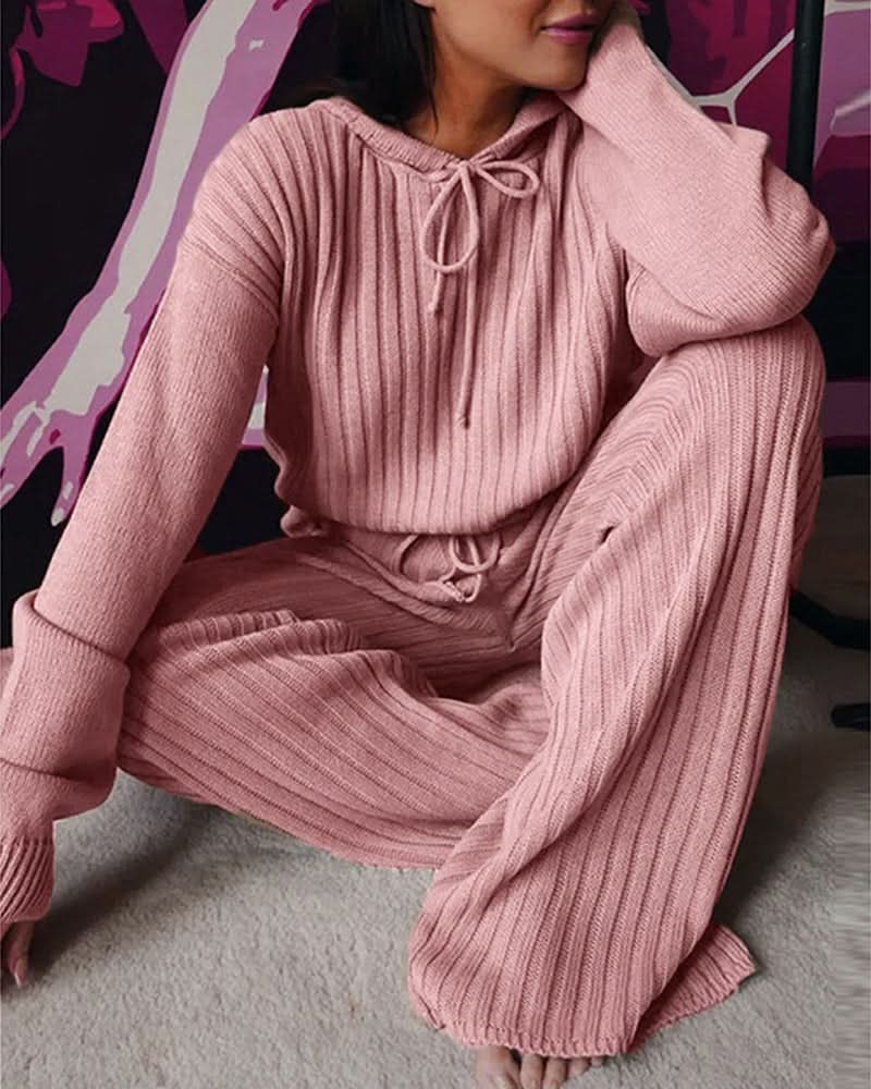 Dam Loungewear Set - Ribbstickad Stickad - Vida Byxor & Långärmad Tröja - Justerbar Passform