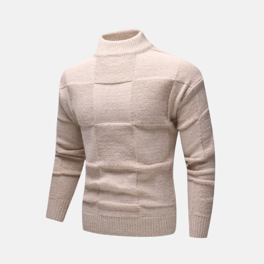 Herrtröja – Slim Fit – Ullblandning – Halvhög Krage – Rutmönstrad Struktur