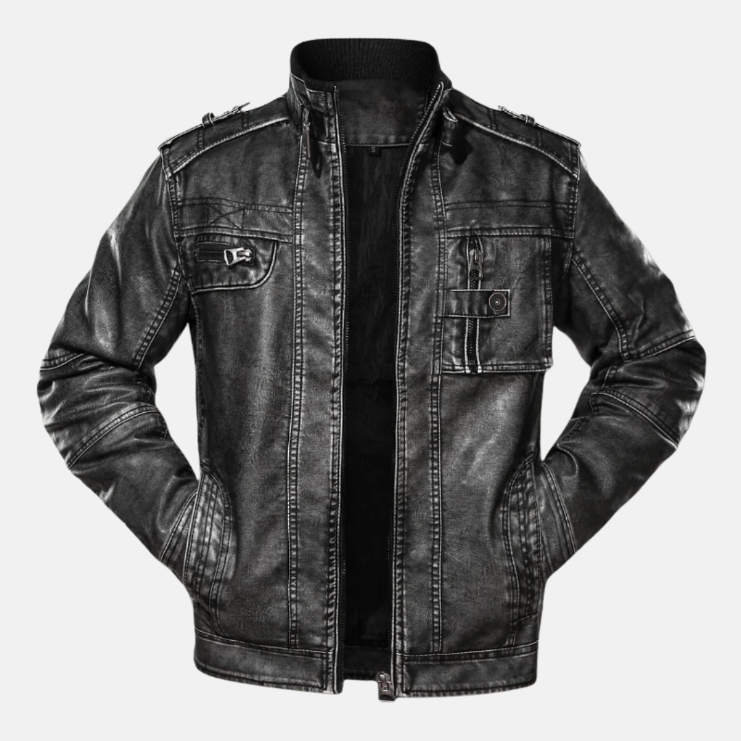 Herrjacka i Läder – Slim Fit – Tvättad Distressed Finish – Flera Fickor – Resårdetaljer