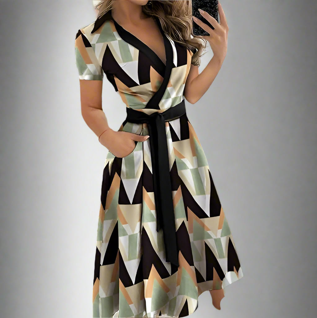 Damklänning - Omlottmodell - Geometriskt Mönster - Kortärmad - Midjebälte