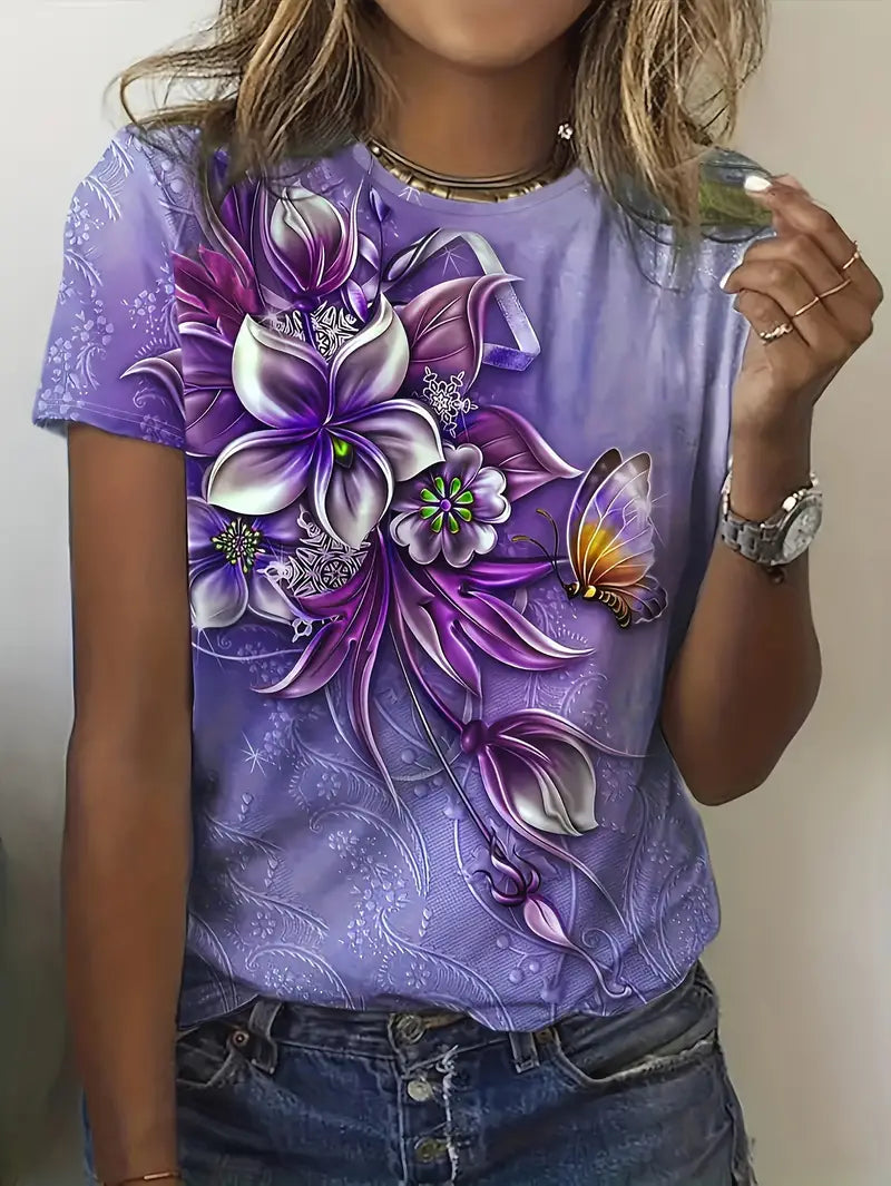 Dam T-shirt - Rund hals - Kortärmad - Blommigt tryck med fjärilsmotiv - Bekväm
