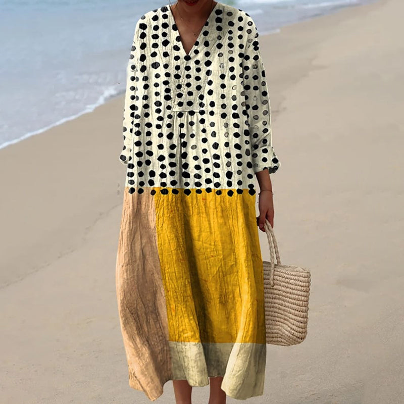 Damklänning – Midilängd – Lös Passform – V-ringning – Lång Ärms – Naturliga Fibrer – Geometriskt Mönster