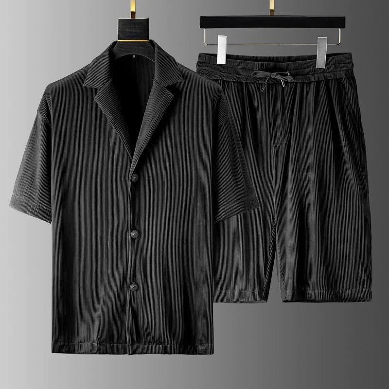 Herrset med pikétröja och shorts – Avslappnad passform – Ribbad struktur – Andningsbart tyg