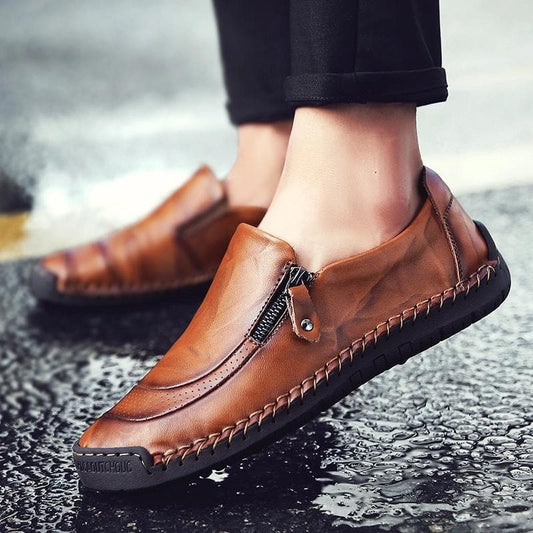Herr Loafers - Äkta Läder - Slip-On - Dekorativ Dragkedja - Bekväm Gummisula