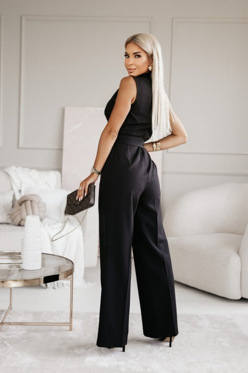 Dam Jumpsuit - Ärmlös V-ringning - Omlottliv med Knytband - Vida Ben - Elegant Passform